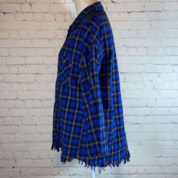 Umgee Blue Plaid Raw Fringe Hem Button Down - Picture 5 of 8